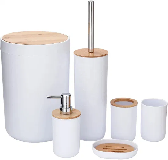Accesorios de baño de plástico con tapa de bambú moderna para el hogar americano de lujo, 6 piezas